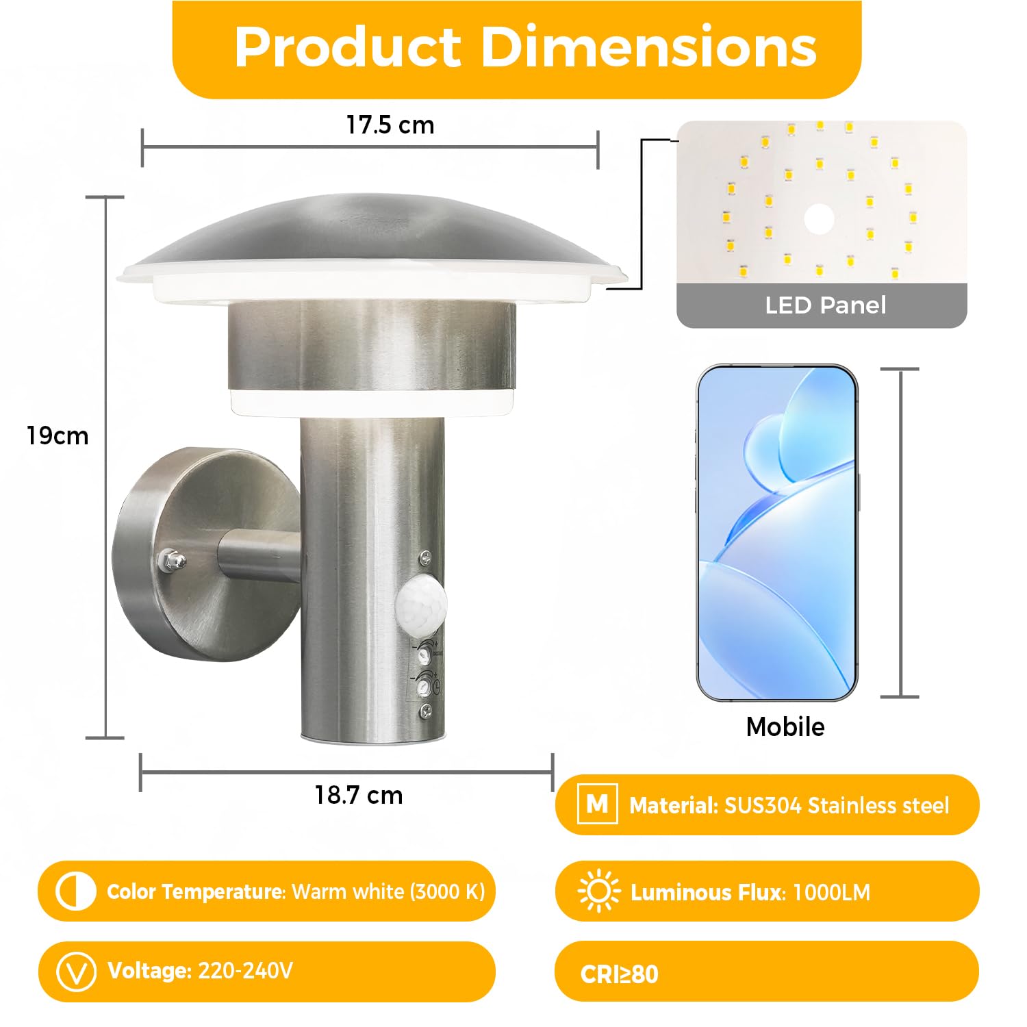 NBNHANYUAN Applique Murale Extérieure avec Détecteur de Mouvement, Lampe Murale Extérieure en Acier Inox SUS304, Capteur PIR Réglable, Étanche IP44, Éclairage Extérieure pour Entrée, Jardin, 9W