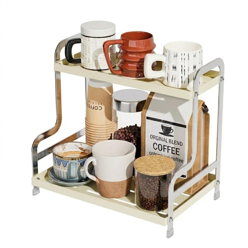Funtabee® 2-Tier Metal Coffee Station Organiser – Stylish Coffee Bar Accessories & Condiment Storage Rack – Versatile Kitchen Counter, Bathroom & Toiletry Shelf (Cream & Silver)