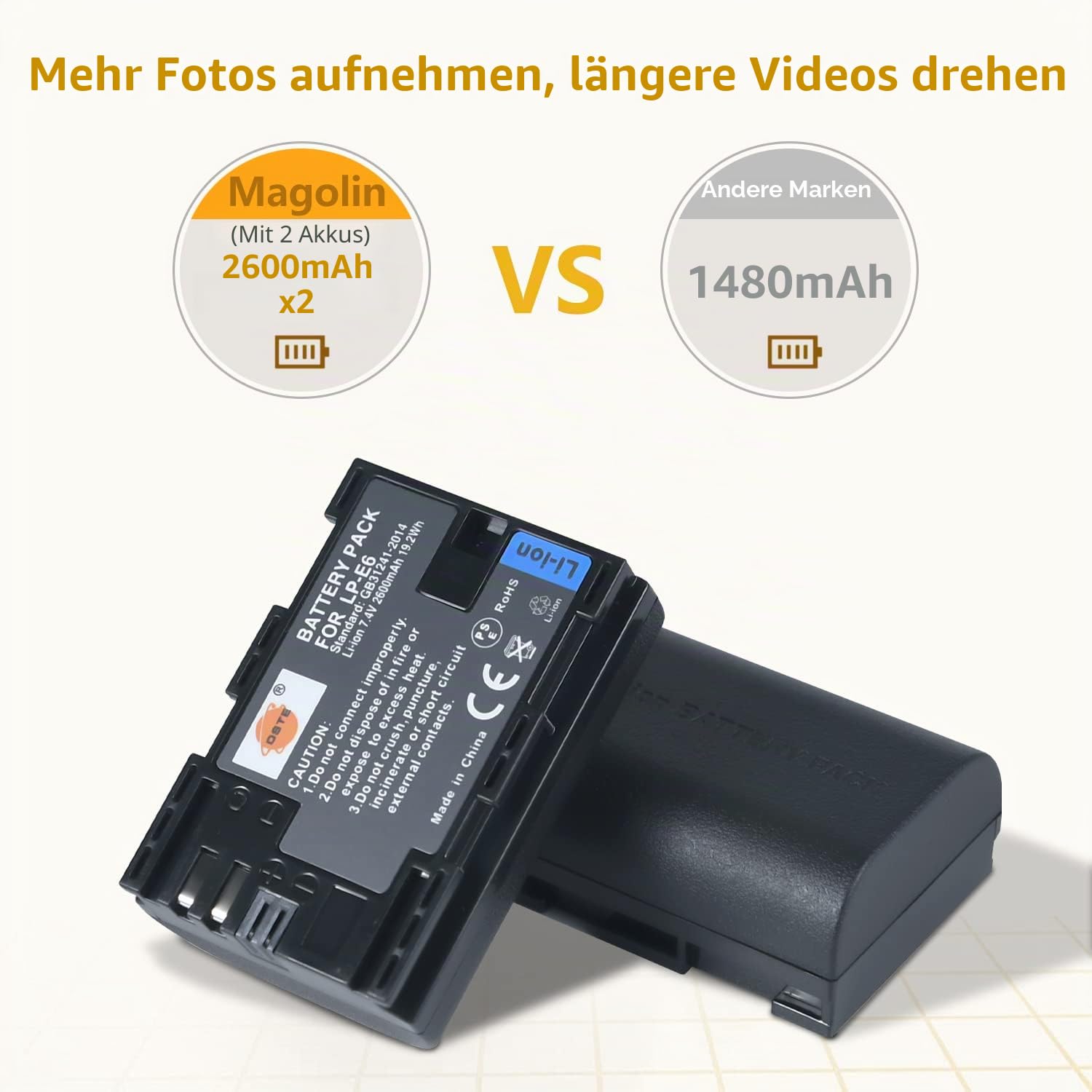 DSTE 2x LP-E6 Li-Ionen Akku für Canon EOS 5D Mark II, EOS 5D Mark III, EOS 6D, EOS 5DS, EOS 7D, EOS 60D, EOS 60Da, EOS 70D Kameras als LP-E6N