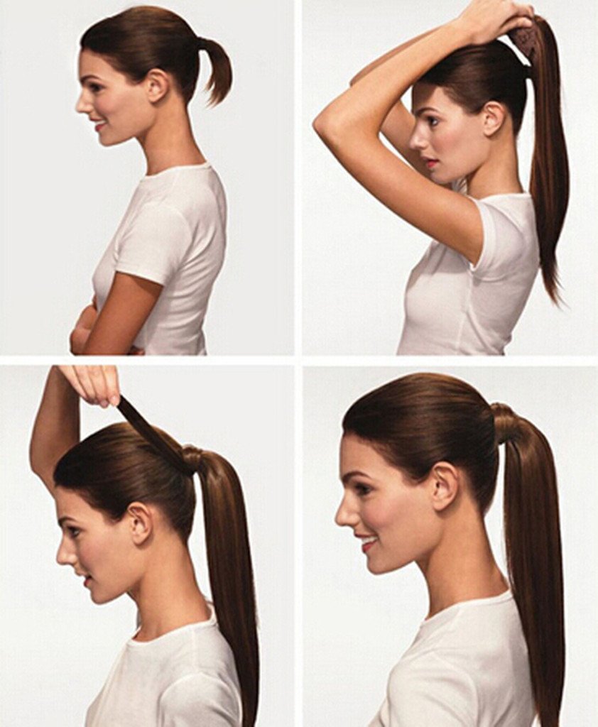 Remeehi Real Human Hair Ponytail Extensions Straight Clip in Wrap Around Hair Pony Tails 16inch (80g 1# Jet black)