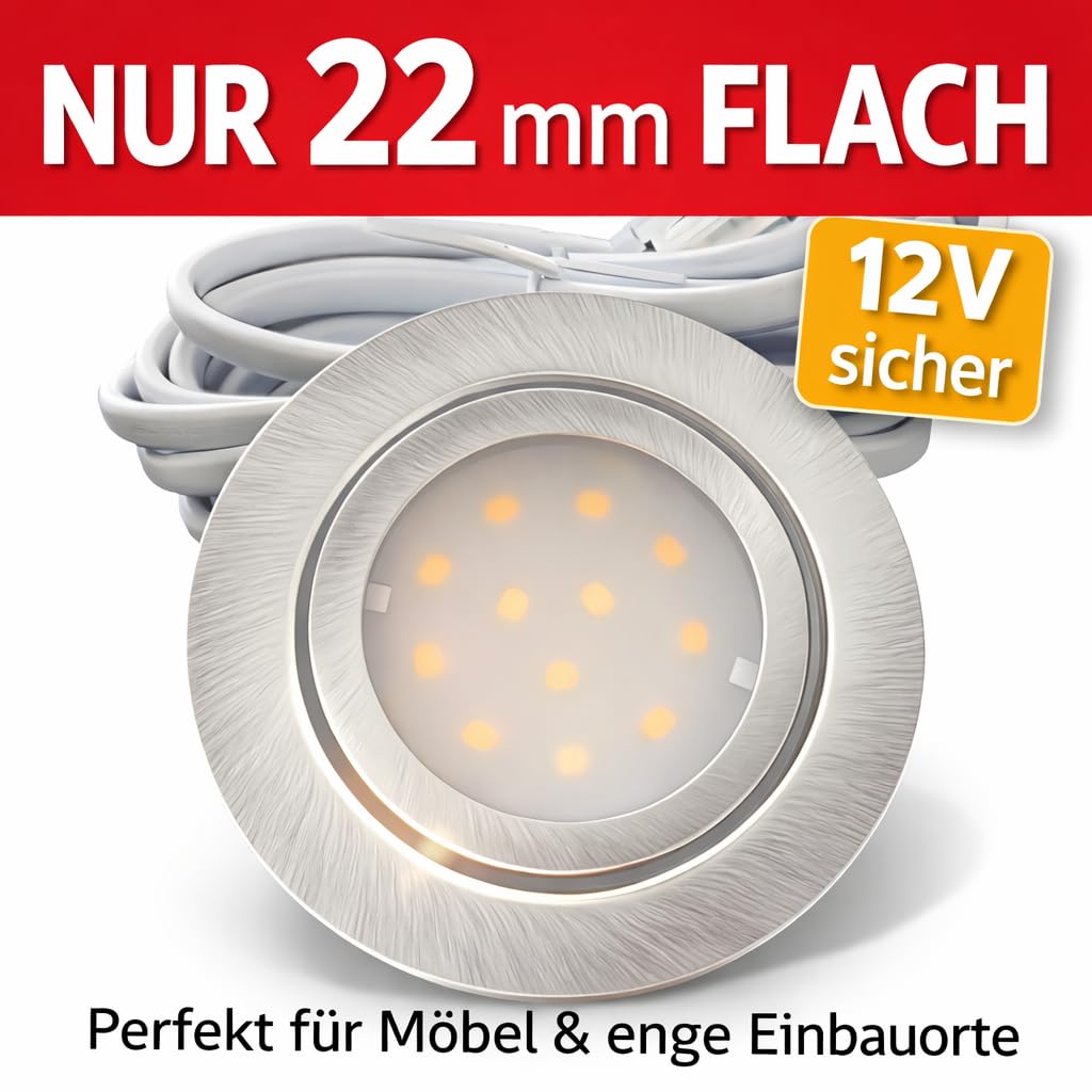 3x IP44 LED Einbauspots 12V, flach, 2,4W, 200lm, Edelstahl gebürstet, inkl. LED-Trafo, 230V Zuleitung mit Stecker, AMP Verteiler, Neutralweiß 4000K, Lochdurchmesser 54-60mm, Plug and Play.
