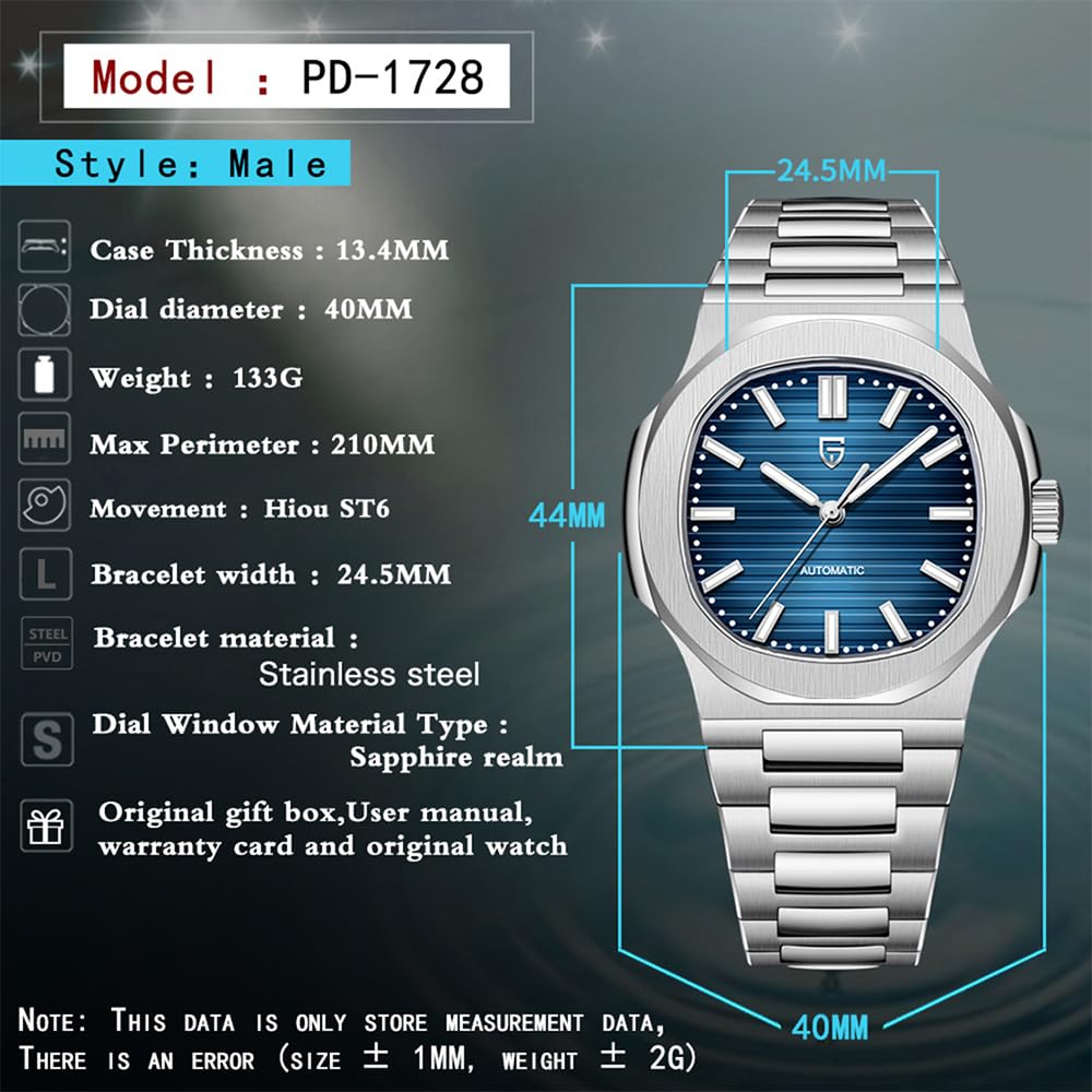 Pagani Design Herrenuhr PD-1728 Himmelblau 40 mm Herrenuhr Edelstahlgehäuse Synthetisches Saphirglas ST16 Chronograph Automatikuhr mit mechanischem Uhrwerk