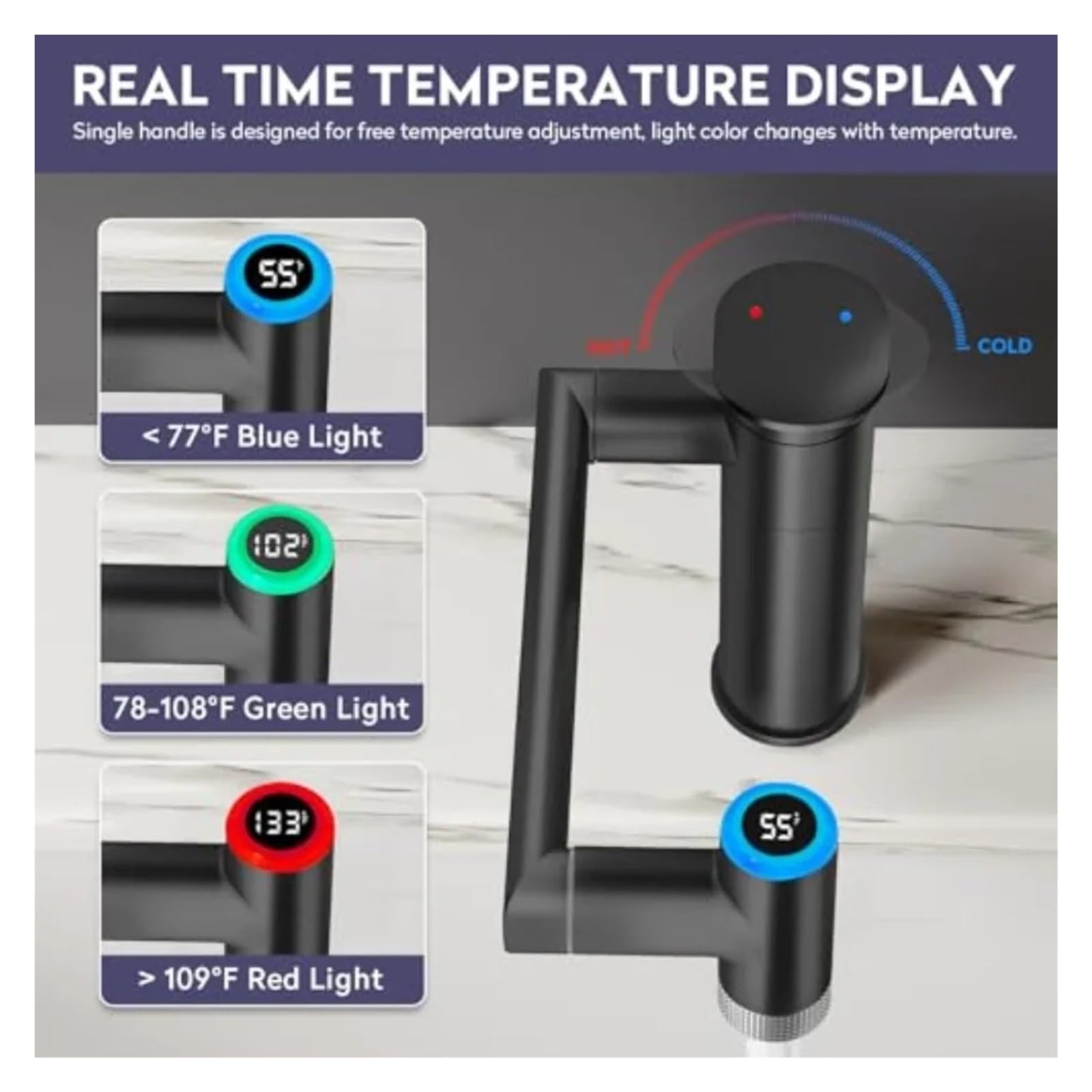 Grifo giratorio para baño 1080, mezclador de lavabo altura ajustable con pantalla LED temperatura,Seguro y Confiable(Chrome)