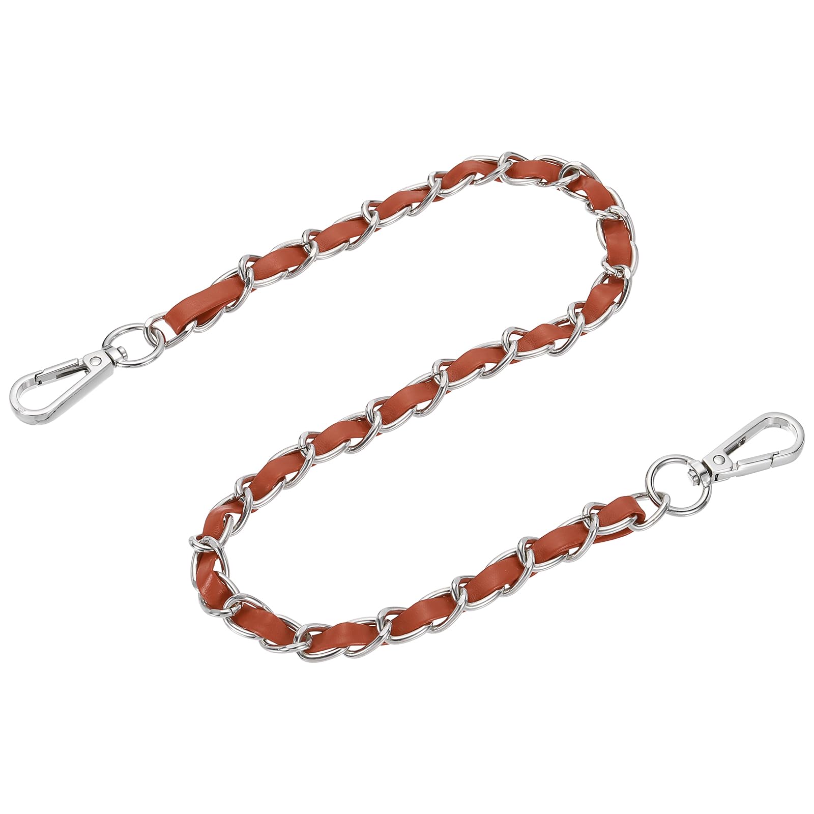 sourcing map Purse Chain Strap, 24 Inch Leather Iron Flat Chain Handbag Chains Purse Straps with Buckles for Shoulder and Cross Body Bags (Brown Strap + Silver Chain)