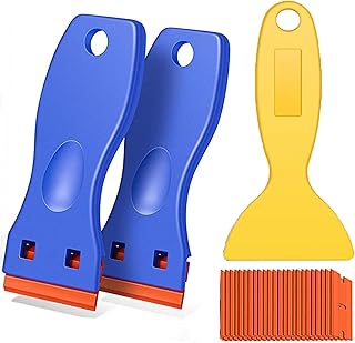 3Pack Plastic Razor Blades Scraper Tool (1Spatula)10 Double Edged blades,No Scratch Sticker Removal Scraper for Cleaning Adhesive Label Decal Glue from Stove top,Glass Window,Cooktop,Car Windshields.