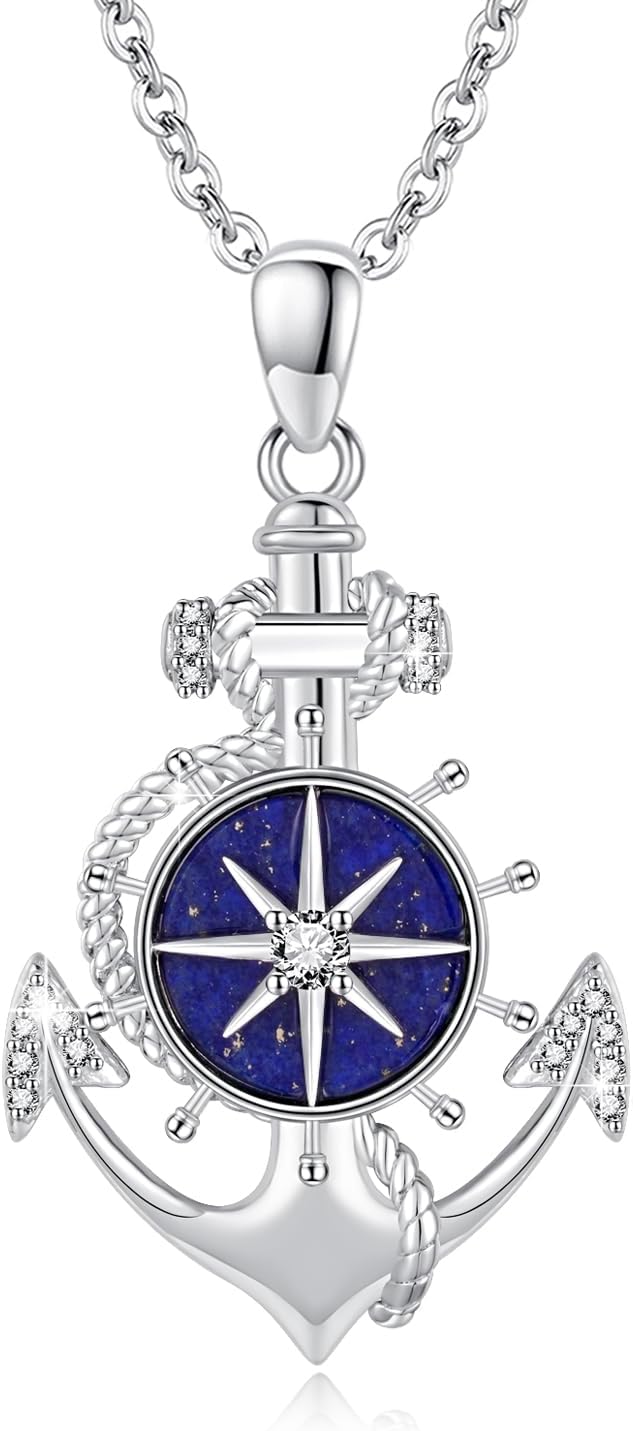 Anchor Necklace for Women 925 Sterling Silver Lapis Lazuli Necklace Compass Anchor Pendant Necklace With Lapis Lazuli Jewelry Christmas Anniversary Birthday Gifts for Mom Wife friend