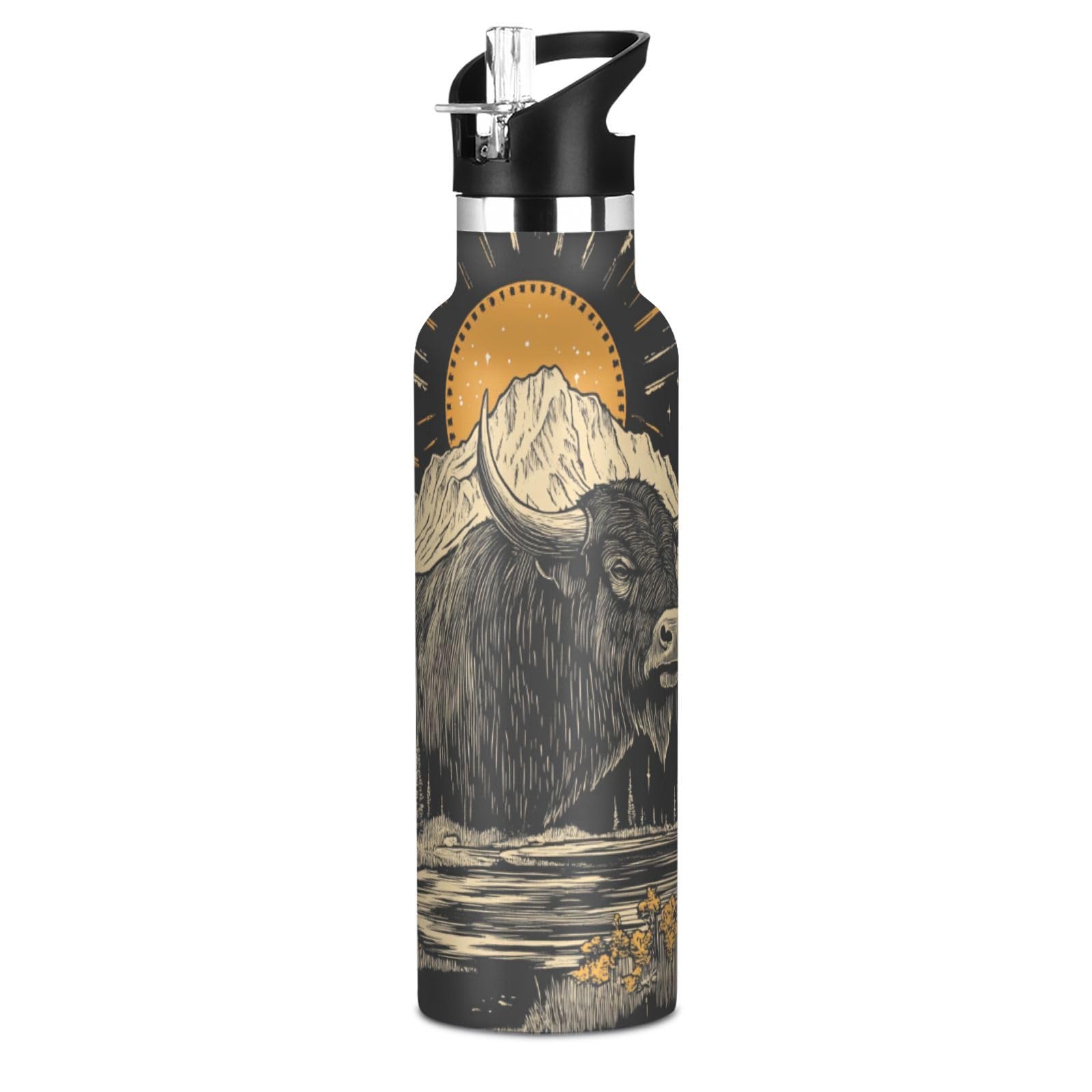 Selerdon Sports Water Bottle Yellowstone National Park Simple Line Stainless Steel Beverage Container 20 oz Coffee Cup with Detachable Straw & Leakproof Lid for Office/Travel/Outdoor