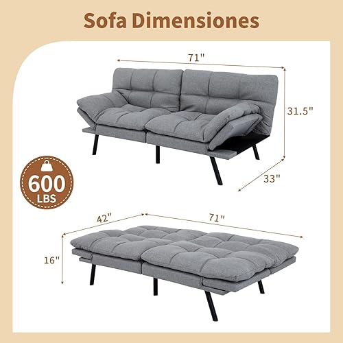 Miniatura 35 de Opoiar Cama con espuma viscoelástica, sofá futón convertible con reposabrazos ajustables, juegos de sofás multifuncionales para apartamento, Gris