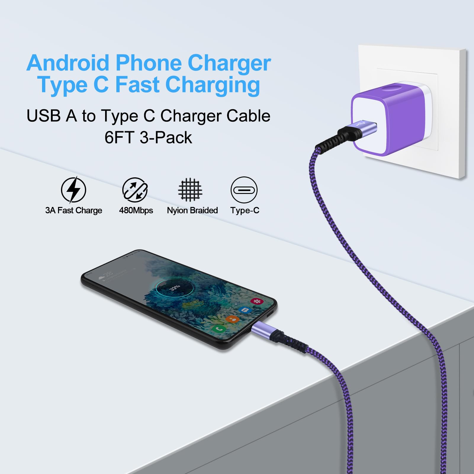Samsung Fast Charger Cable USB Type C 6FT 3Pack for Samsung Galaxy A56/A36/A16 5G/A26/A06/S25 Ultra/A25/S24 FE/A15/A35/S23,iPhone 16e/16 Pro Max/16 Plus/15,Android Phone Charger Cord for Pixel 9 8a 7