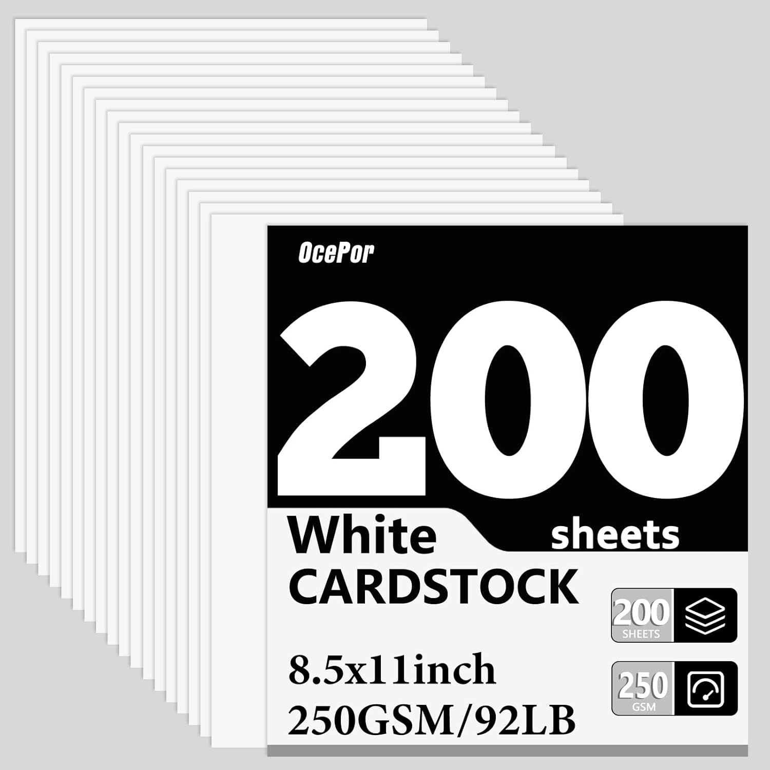 ocepor 200 sheets white cardstock 8.5 x 11, 92lb/250gsm card stock paper, thick printer cardboard paper, heavy cardstock for invitation, resume, certificate, business cards, office 200 pack