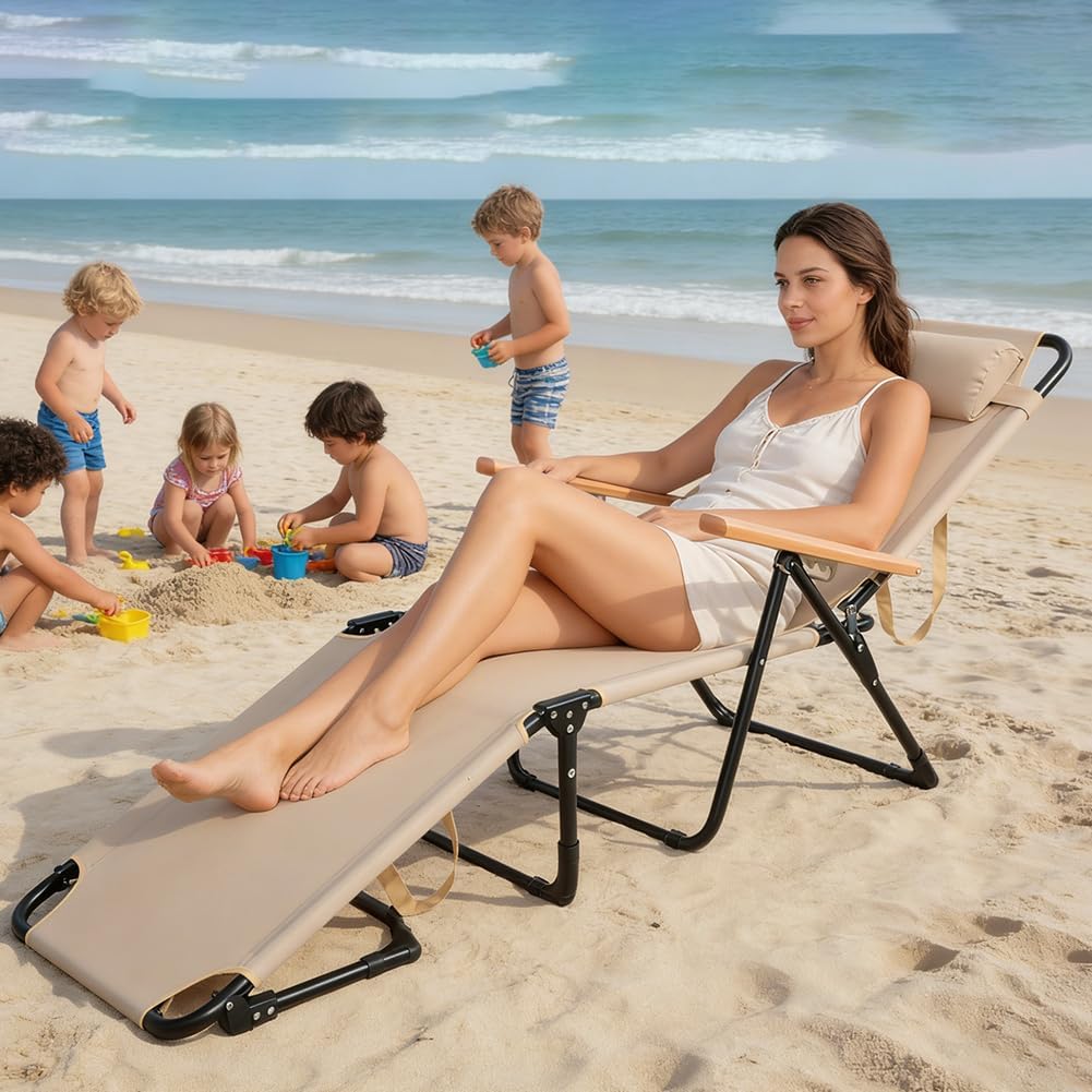 Folding Outdoor Chaise Lounge Chair with Arms, 4 Reclining Back Sunbathing Lounge Chair, Sun Tanning Chairs for Outside Portable with Cup Holders for Beach Patio Camping Poolside Yard (Beige)