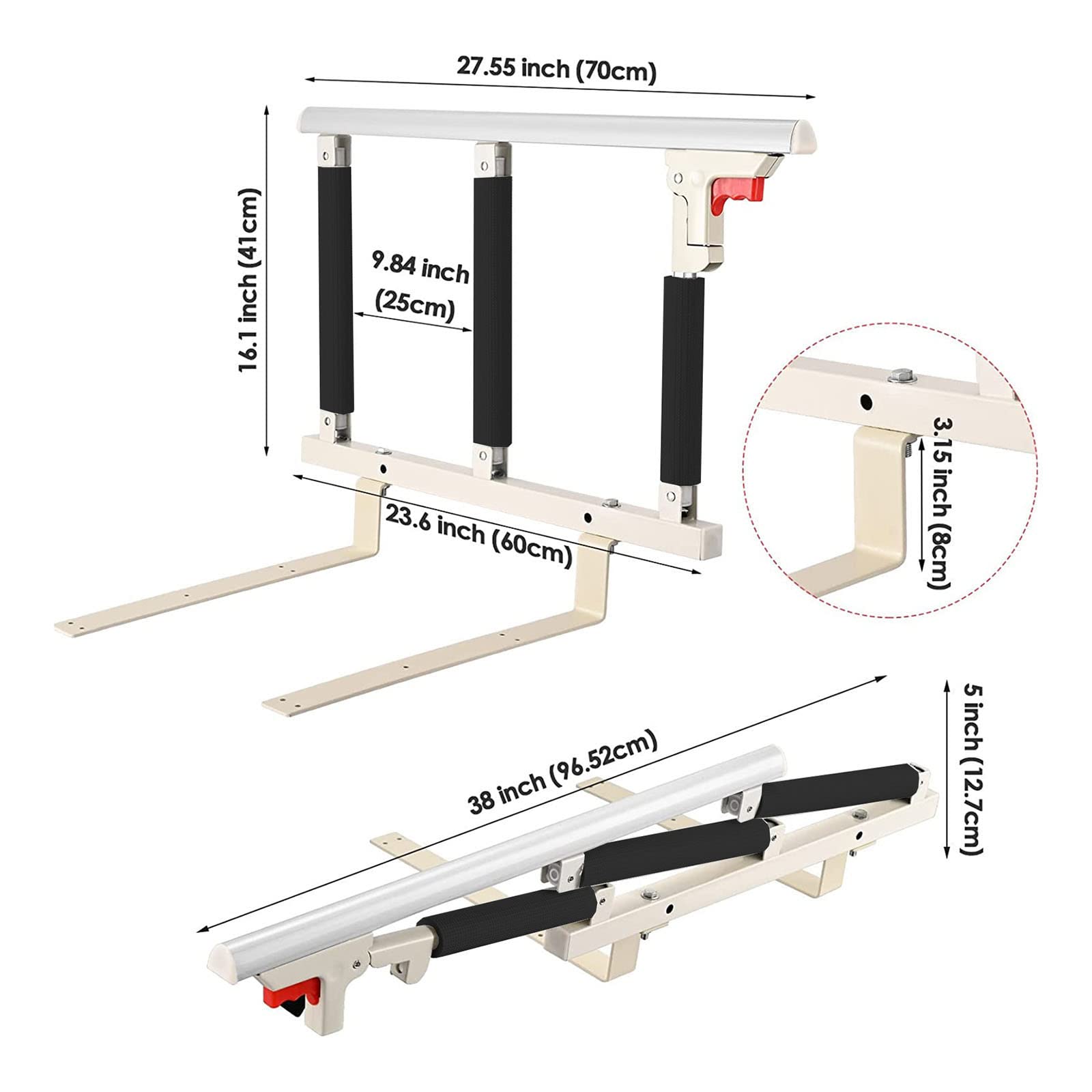 Madamera Bed Safety Rail Folding Bed Rail for Elderly Adults, Bed Guards for Seniors, Bed Assist Handle for Preventing Falling Out, Half Rail Support Bar Bed Cane Fall Protector (White, 25.5x15.7in)