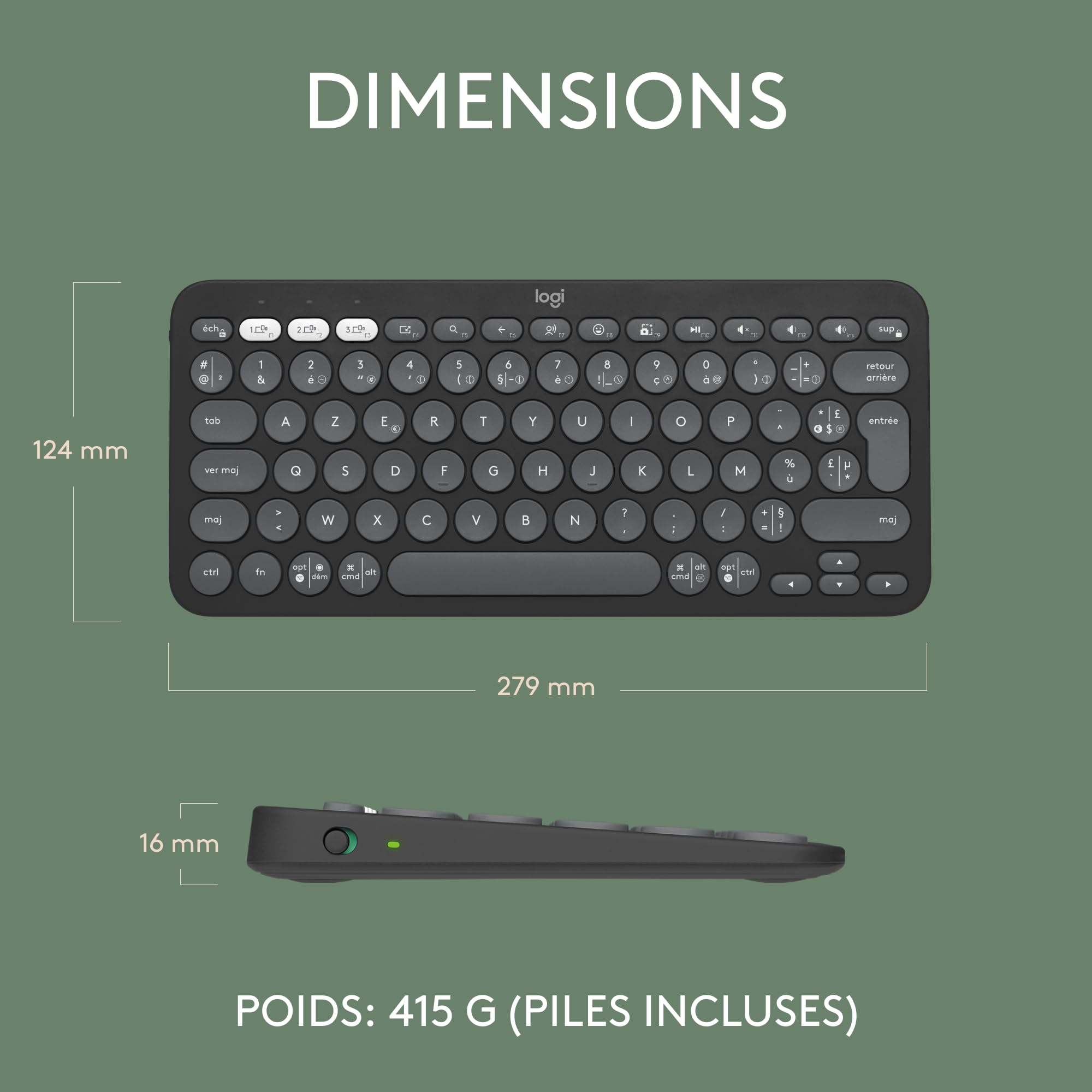 Logitech Pebble Keys 2 K380s clavier sans fil Bluetooth multidispositif, raccourcis personnalisables, fin et portable, Easy-Switch pour Windows, macOS, iPadOS, Android, ChromeOS, FR AZERTY - Graphite