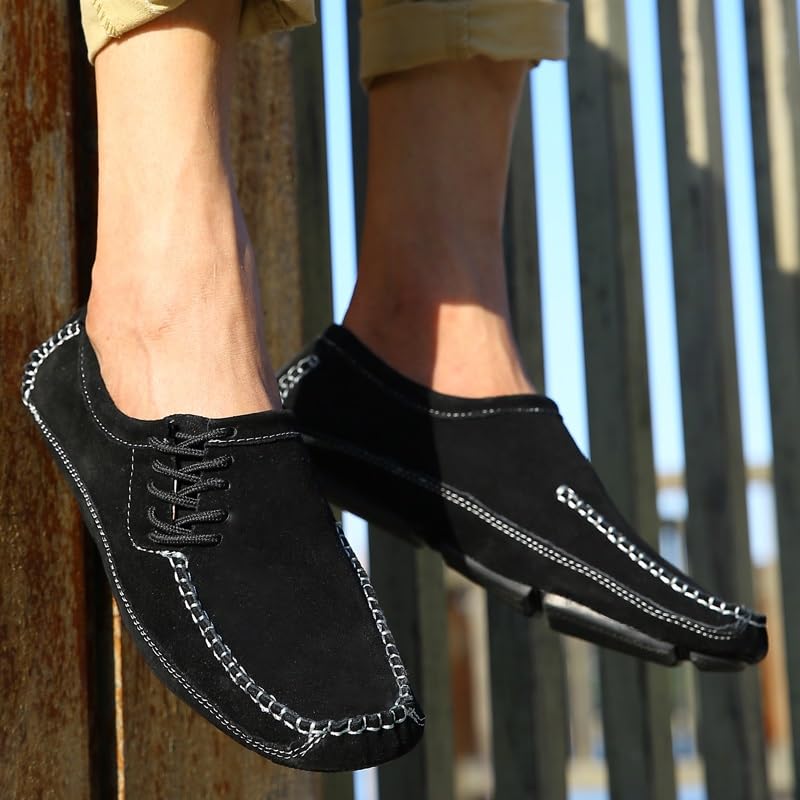Mens Loafers Shoe Square Toe Suede Vamp Driving Style Loafer Side lace up Flat Heel Flexible Resistant Outdoor Slip On4