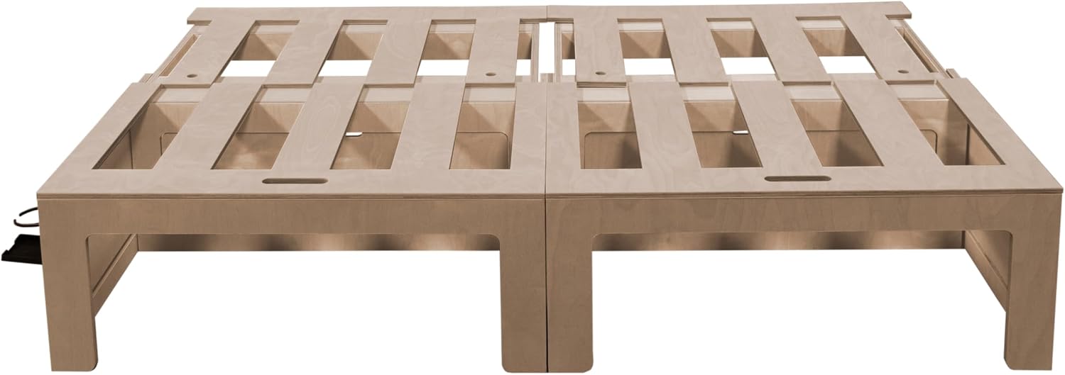 The wooden bed frame extended, showing the slatted base and sliding mechanism.