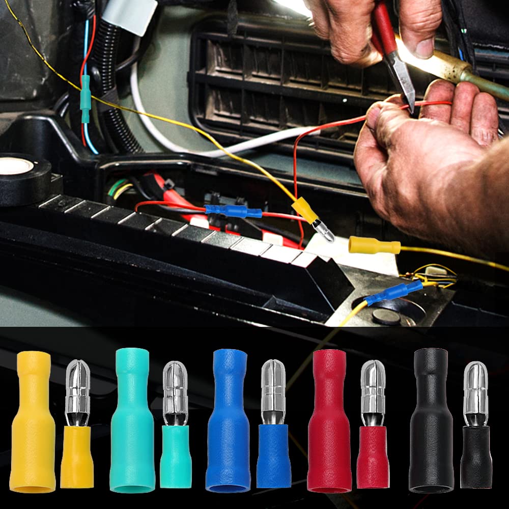 YIXISI 110 Pezzi Connettori a Testa a Proiettile, Capicorda Elettrici Cilindrici Isolati, Femmina e Maschio Terminali a Crimpare Elettrici (22-16 AWG)