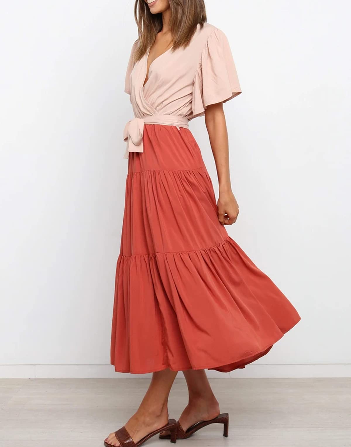 R.Vivimos Summer Dress for Women Cotton Ruffle Short Sleeves V Neck Casual Flowy Midi Dress with Belt