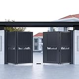 Modern Metal Driveway Gate, Black Vertical Slat Design with Decorative Pattern, Heavy-Duty Garden Entrance Gates for Residential Properties