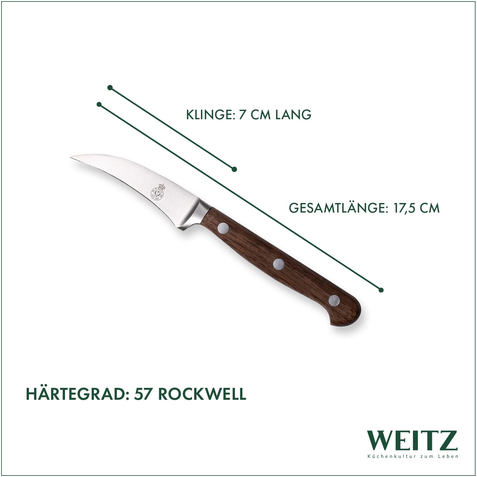 WEITZ Classic Nussbaum Schälmesser 7cm | Gemüsemesser gebogen, rostfreier Edelstahl, Walnuss-Griff, Solingen, Made in Germany