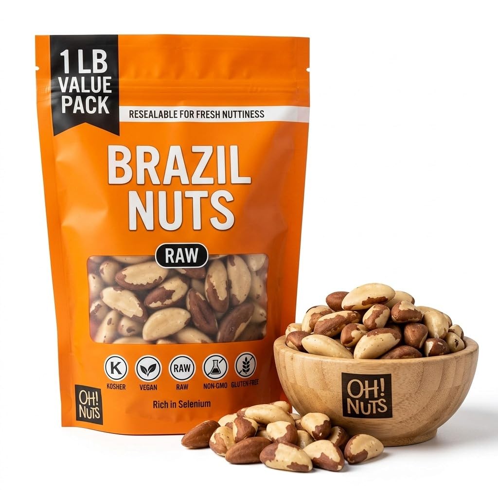 Oh! Nuts Raw Brazil Nuts Whole Unsalted No Shell – 1 lb Packed Fresh in Resealable Bag – 100% Natural Nuts