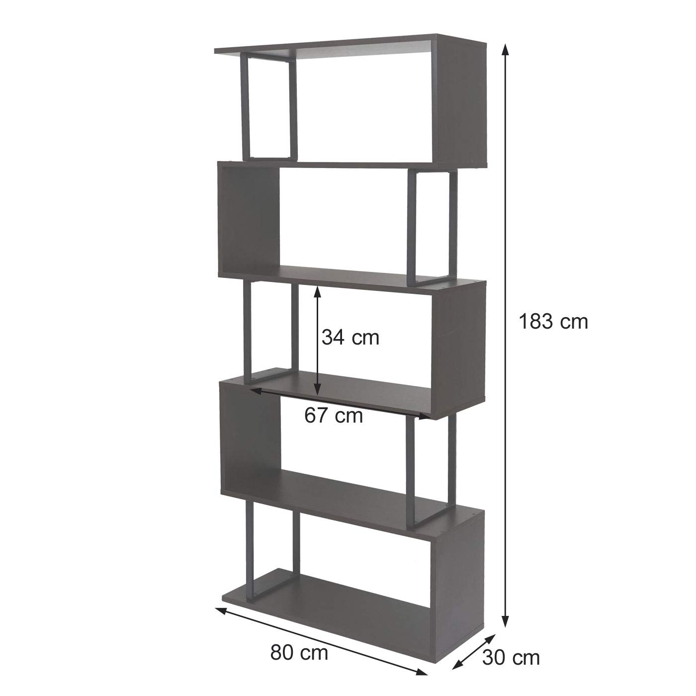 Libreria scaffale 3D MDF HWC-A27 5 Ripiani 30x80x183cm Legno Metallo Grigio