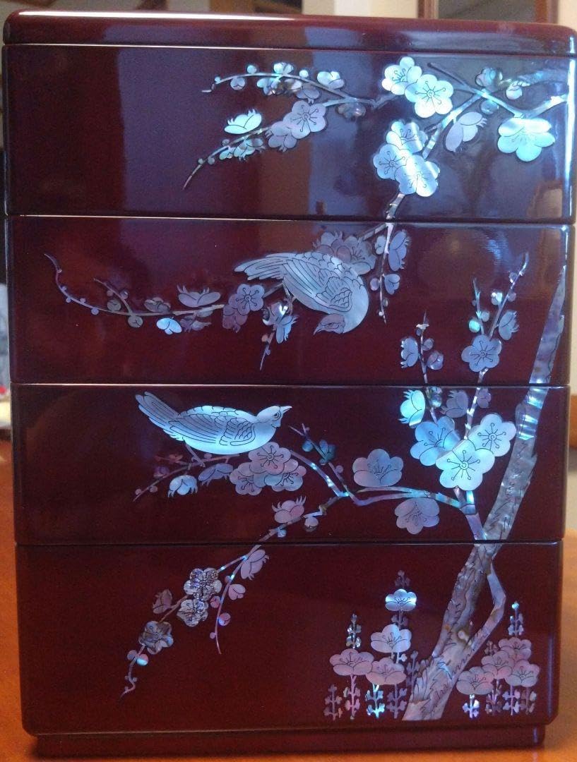 韓国螺鈿細工漆器 重箱 4段 螺鈿 重箱 李在祥 韓国 貝細工 小物入れ 工芸