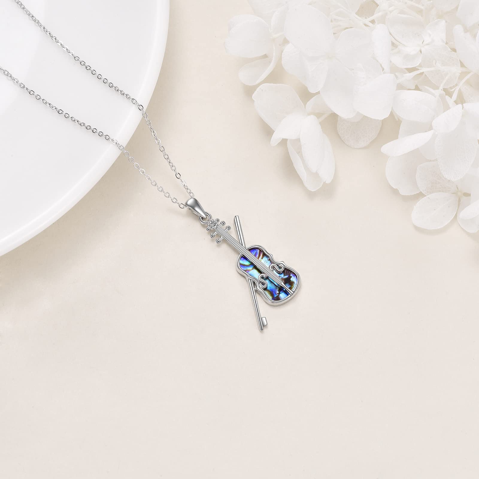 JERWLI Collana da violino in argento Sterling per donne abalone conchiglia gioielli violino regalo per ragazze figlia, Argento sterling