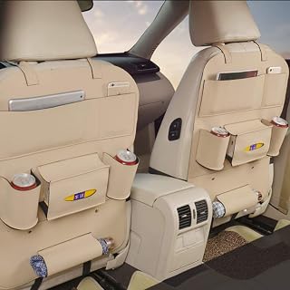Pu Leather Car Seat Back Organizer and Tablet Holder - Universal Use as Car Backseat Organizer for Kids, Storage Bottles, Tissue Box, Toys (Beige, Basic 2 Pack)