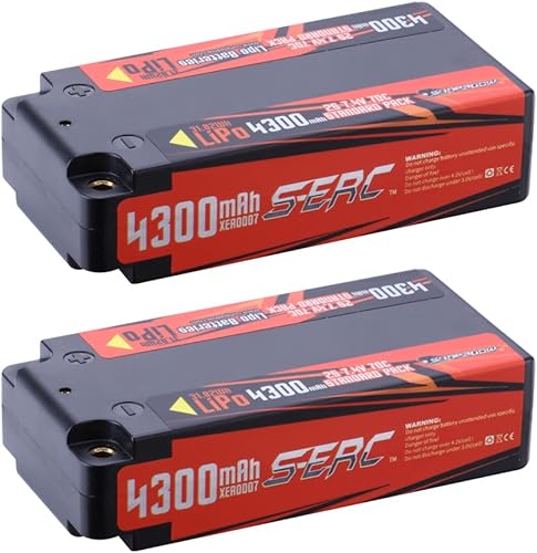 SUNPADOW 7.4V 2S Shorty Lipo Battery 4300mAh 70C Hard Case with 4mm Bullet for RC Vehicles Car Truck Truggy Tank Buggy Racing Hobby (2 Count)