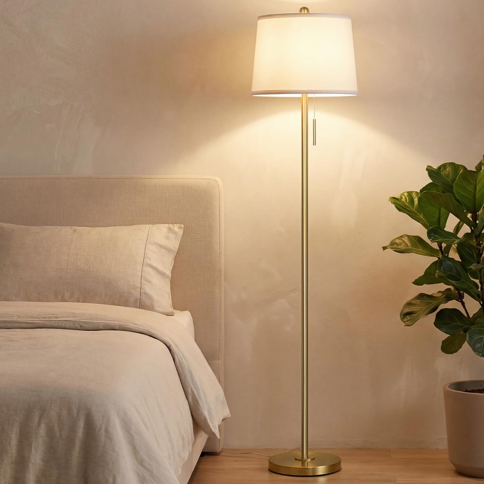 JUNNAI Stehlampe Wohnzimmer, 160 cm Modern Stehleuchte mit Leinen-Lampenschirm & E27 Birne 3 Farbtemperatur Standleuchte für Schlafzimmer Büro(9W LED-Glühbirne enthalten) -Gold