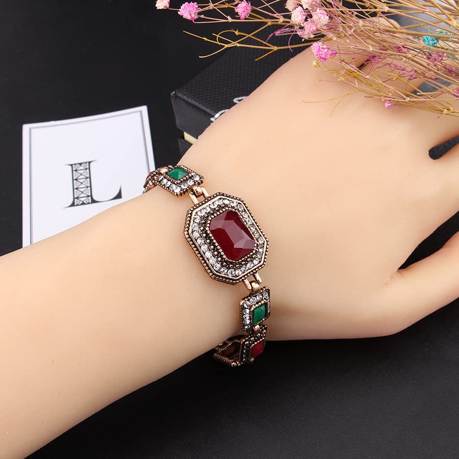Vintage Turkish Jewelry Antique Silver Plated Polygonal Colorful Rhinestone Square Link Bangle Bracelet for Women Gift3