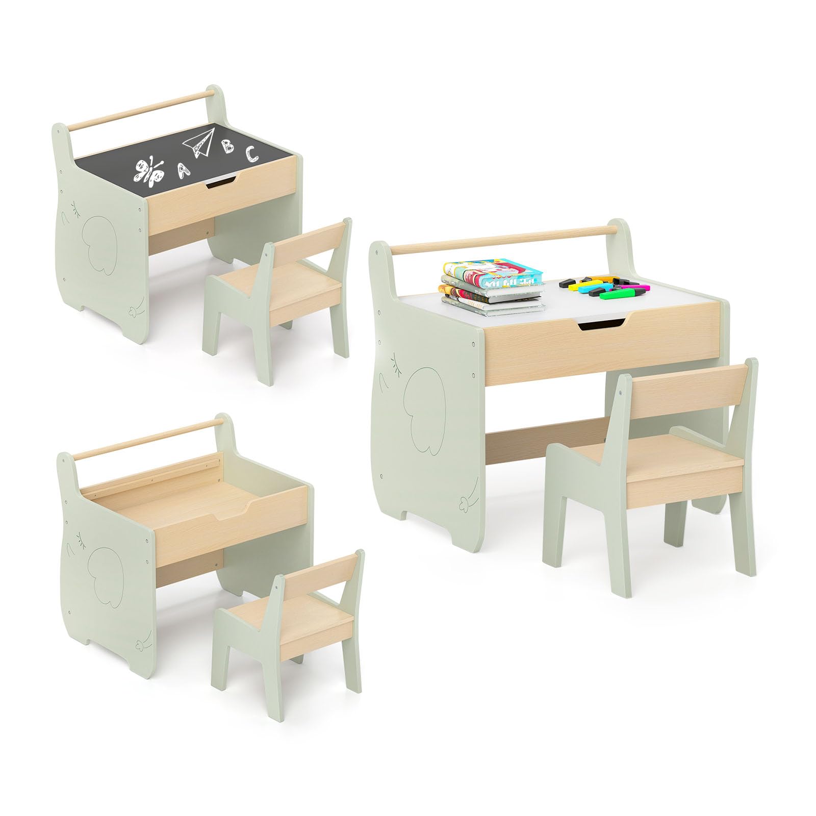 RELAX4LIFE Set Tavolo e Sedia 2 in 1 per Bambini, Scrivania in Legno con Piano Bifacciale Rimovibile, Ampio Spazio Archiviazione, Design Multifunzionale per Camera dei Bambini (Verde+Naturale)