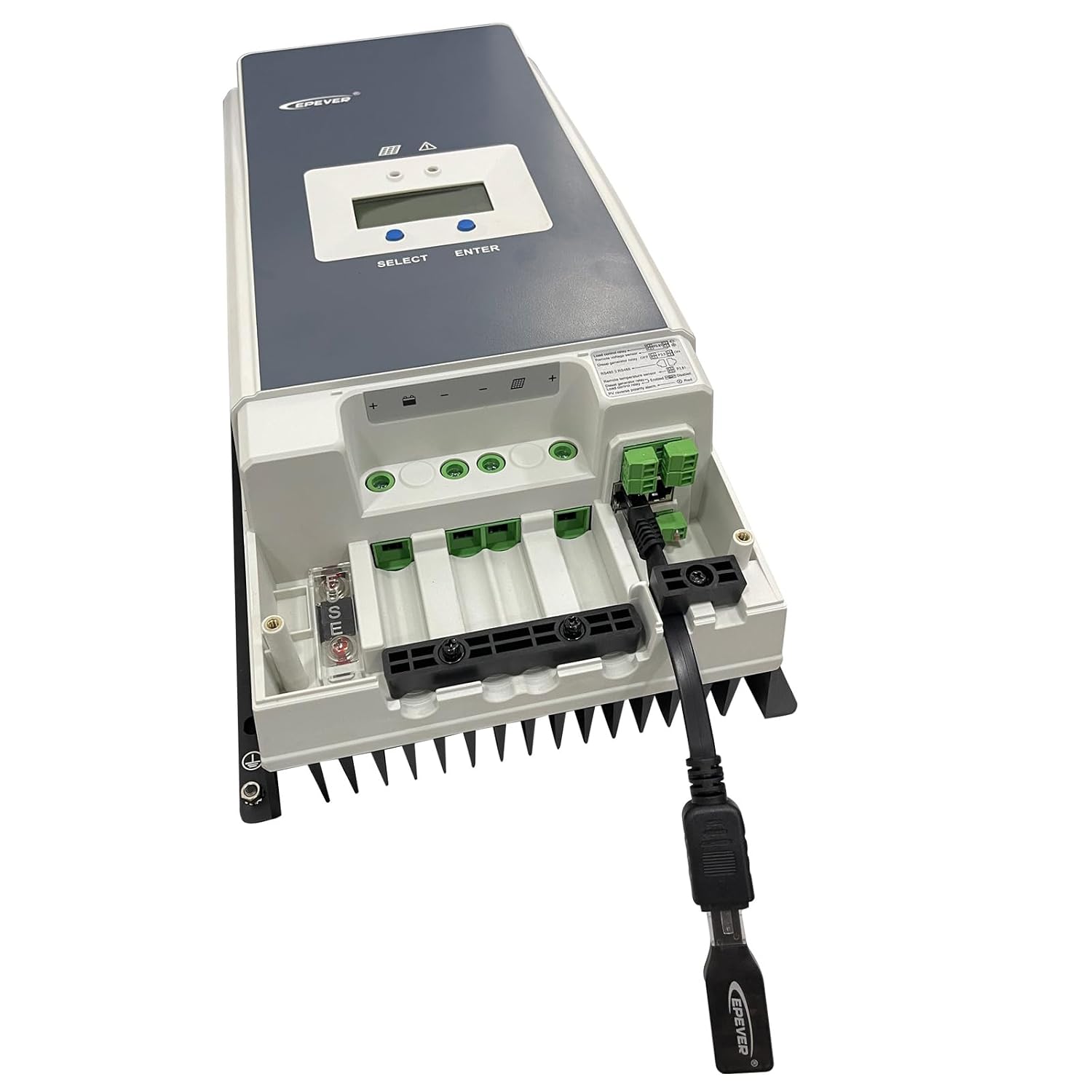 Close-up view of the RJ45 extension cable connected to the EPEVER charge controller's communication port