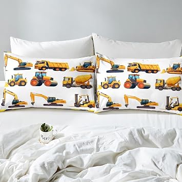 Erosebridal Kids Excavator Duvet Cover,Construction Bedding Set Cartoon Tractor Comforter Cover Set for Kids Teenage,Soft Luxury Print Quilt Cover Bedding Collection,Yellow White,Twin
