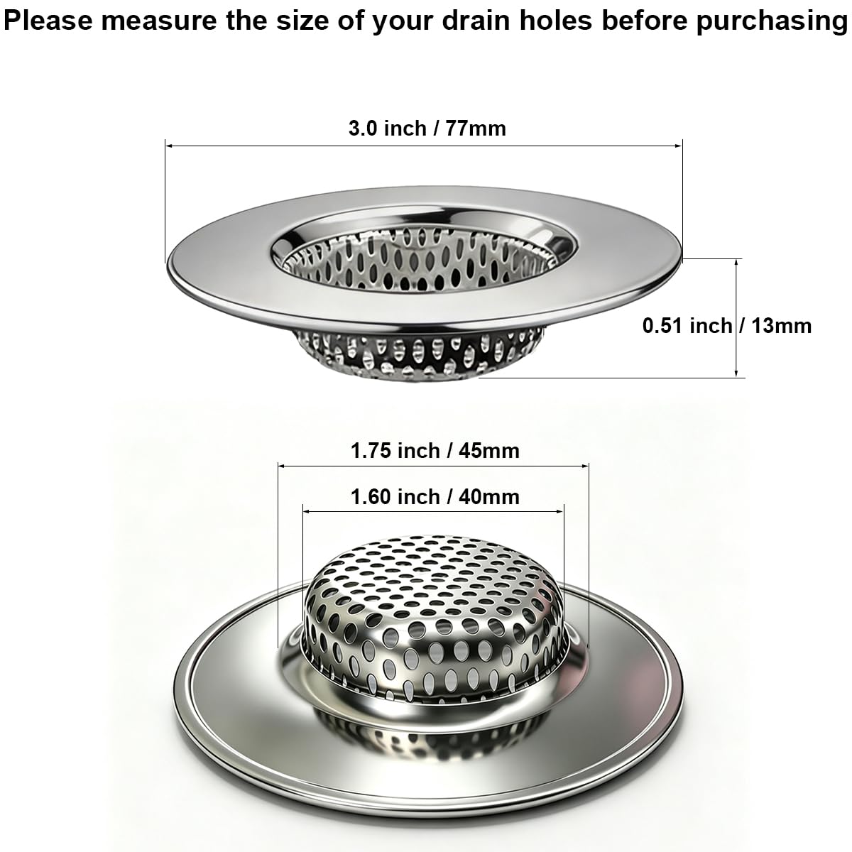 Seatery Bathtub Drain Strainers, Tub Drain Hair Catcher, Stainless Steel Bath Drain Cover Basket, Outer Diameter 3.0 inch/7.7cm, Inner Diameter 1.60 inch/4.0cm, Pack of 2