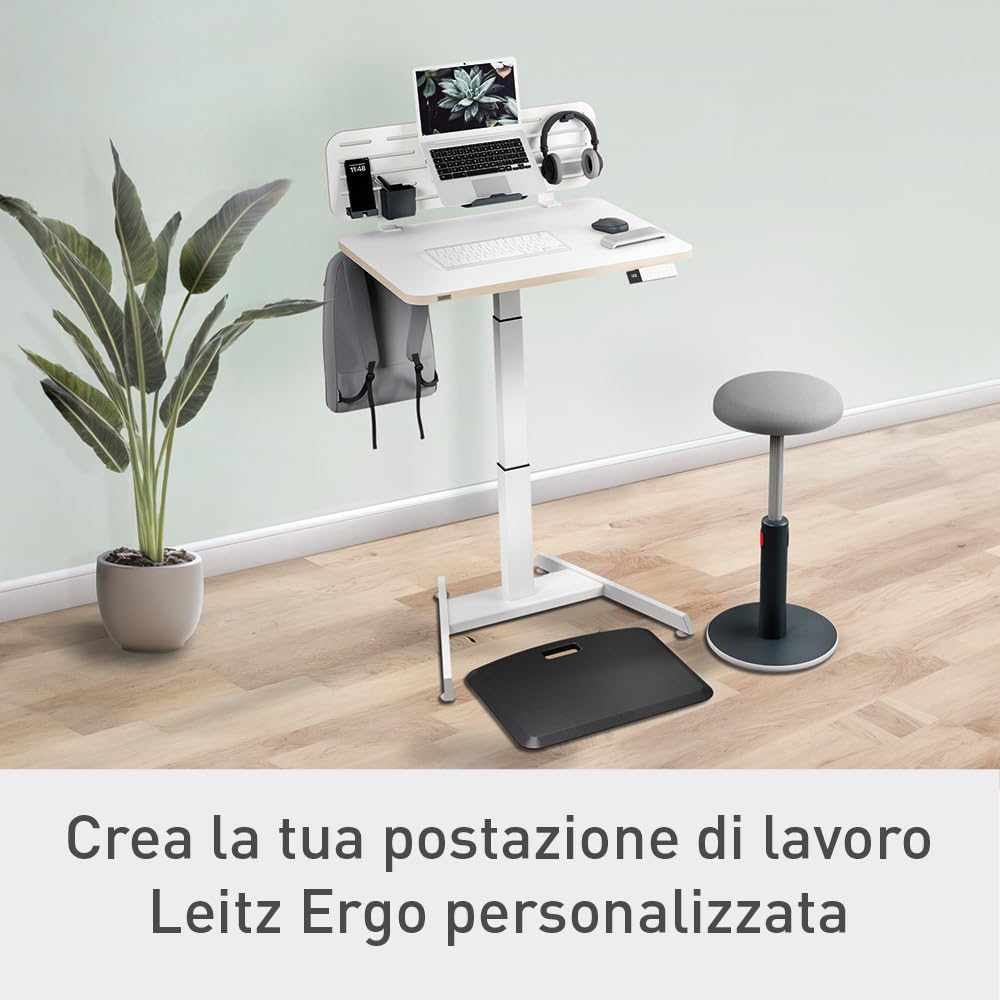 Leitz Ergo Scrivania Ergonomica Sit Stand Mobile con Regolazione Elettrica dell'altezza, Supporta fino a 80 kg, Portacavi Incluso, 80 cm x 60 cm, Gamma Ergo, Bianco, 65340001