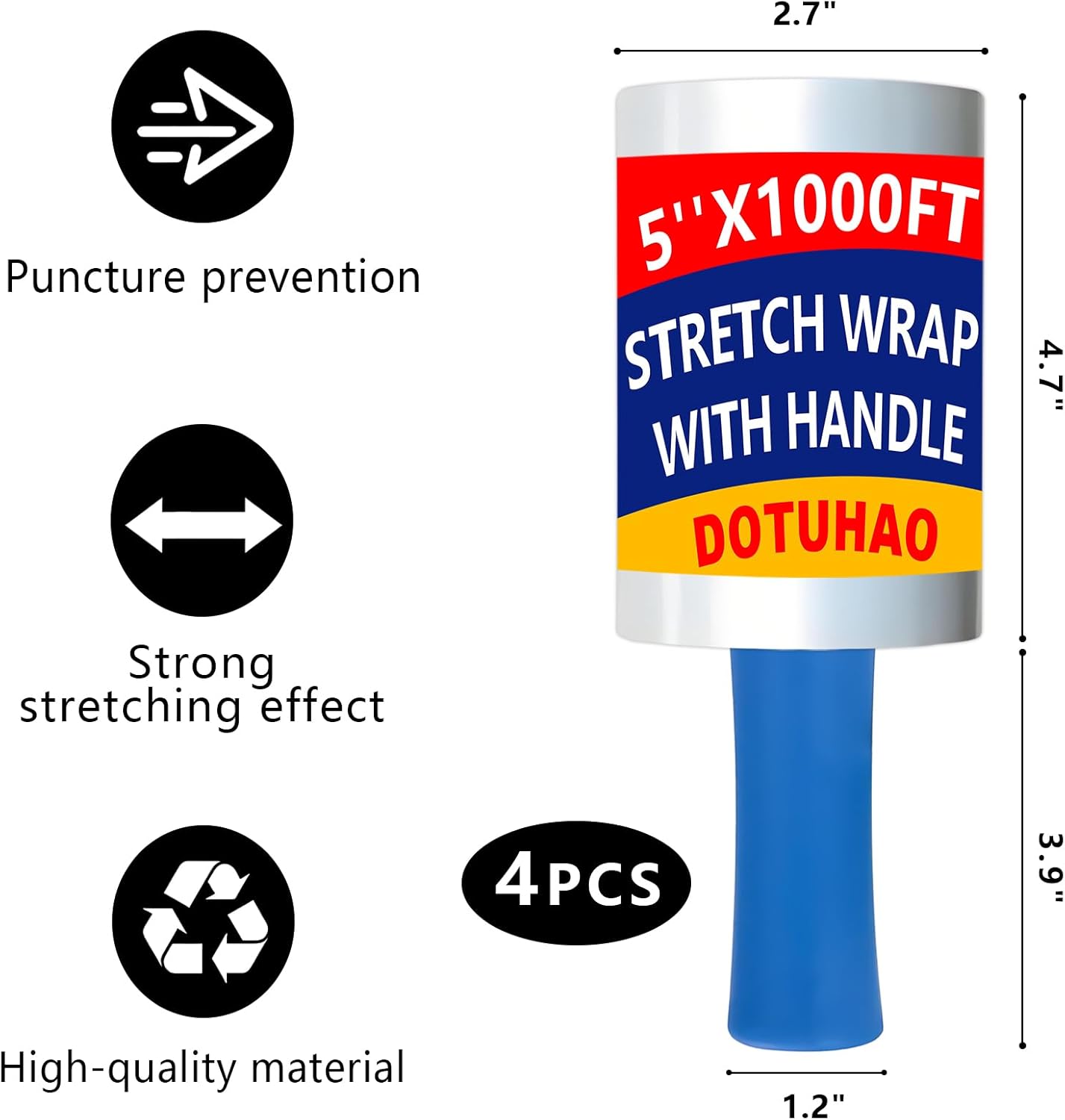 Stretch Wrap with Handle, 5" x 1000ft Plastic Wrap for Moving, Industrial Strength Clear Heavy Duty Film, Durable Self Adhering Packing (4 PCS)