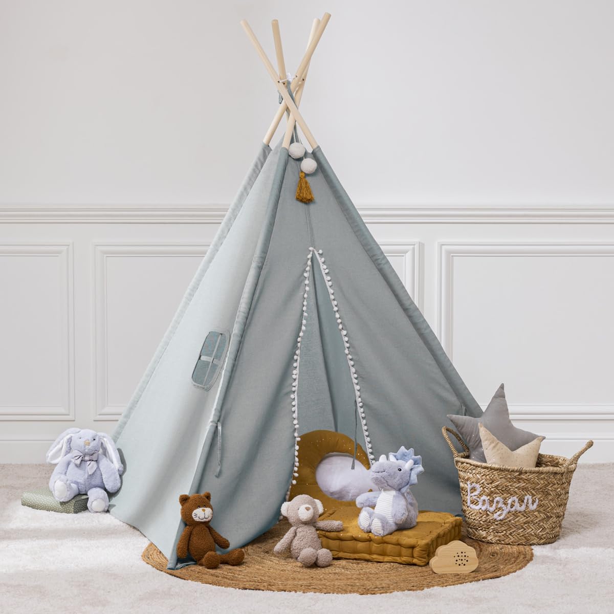 Atmosphera - Tipi Infantil Wapi Azul - 120 x 160 cm - Lona de algodón, Bolsa de Transporte - Casita de Juegos para Dormitorio y salón