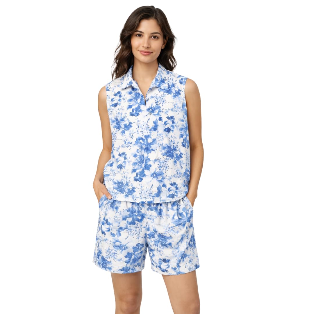 Women’s Floral Printed Sleeveless Shirt & Shorts Co-Ord Set | Summer Casual Wear | Lightweight & Breathable Fabric | Vacation & Lounge Wear