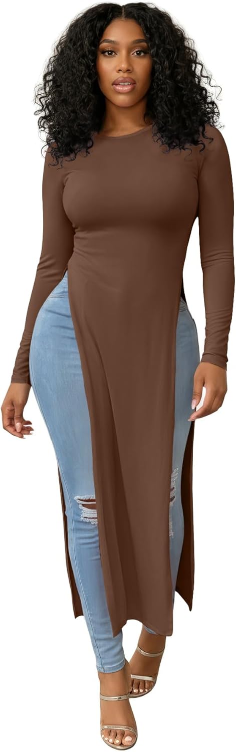 OPOIPIN Women's Crew Neck Split Slit Hem Long Sleeve Slim Fit Blouse Long Shirt Tunic Top Solid Dark Brown X-Large - Image 6