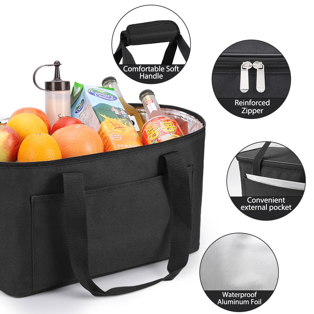Sac à provisions, sac isotherme, sac thermique pliable, robuste, avec sac de transport à fermeture éclair pour les rassemblements, les pique-niques et les achats (22 L, Noir).