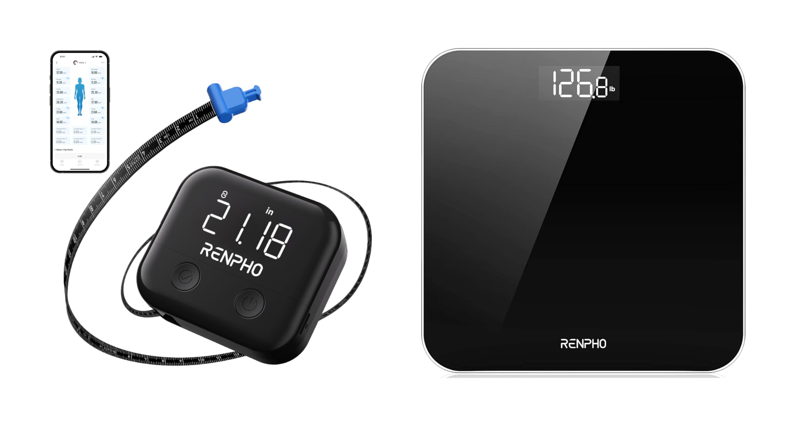 RENPHO Scale for Body Weight and Smart Body Measuring Tape, Rechargeable Tape Measure with LED Display