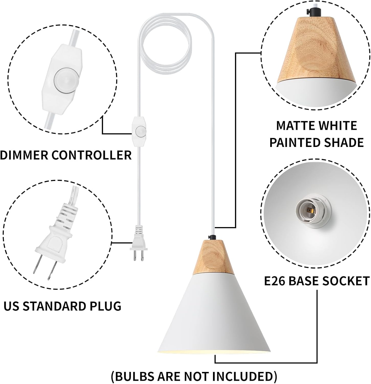 Plug in Pendant Light, 2 Pack 9.4inch Hanging Lights with Plug in Cord 14.7 ft, White Pendant Light Plug in, Hanging Pendant Light, Hanging Lamp Plug in for Bedroom Living Room Kitchen Island