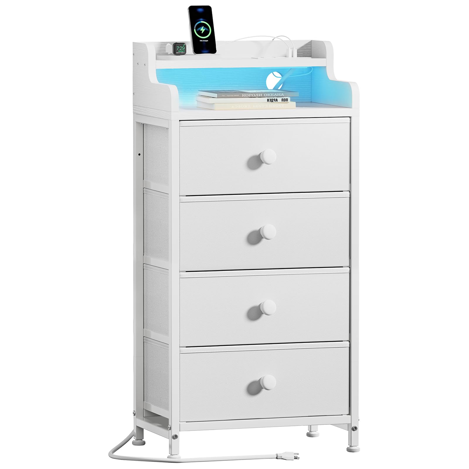 REAHOME Nightstand with Charging Station and LED Light, Tall White Night Stand with 4 Drawers and 2-Tier Shelf, Bedside Table with Sturdy Steel Frame Wood Top for Bedroom, Living Room - White