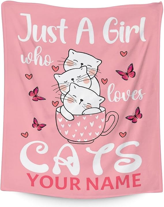 Personalized Cat Blanket Gifts with Name - 30"x40" Cute Throw for Girls - Pink Soft Fuzzy Blankets for Couch & Office