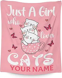 Personalized Cat Blanket Gifts with Name - 30"x40" Cute Throw for Girls - Pink Soft Fuzzy Blankets for Couch & Office
