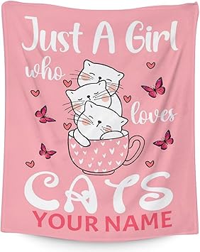 Personalized Cat Blanket Gifts with Name - 30"x40" Cute Throw for Girls - Pink Soft Fuzzy Blankets for Couch & Office