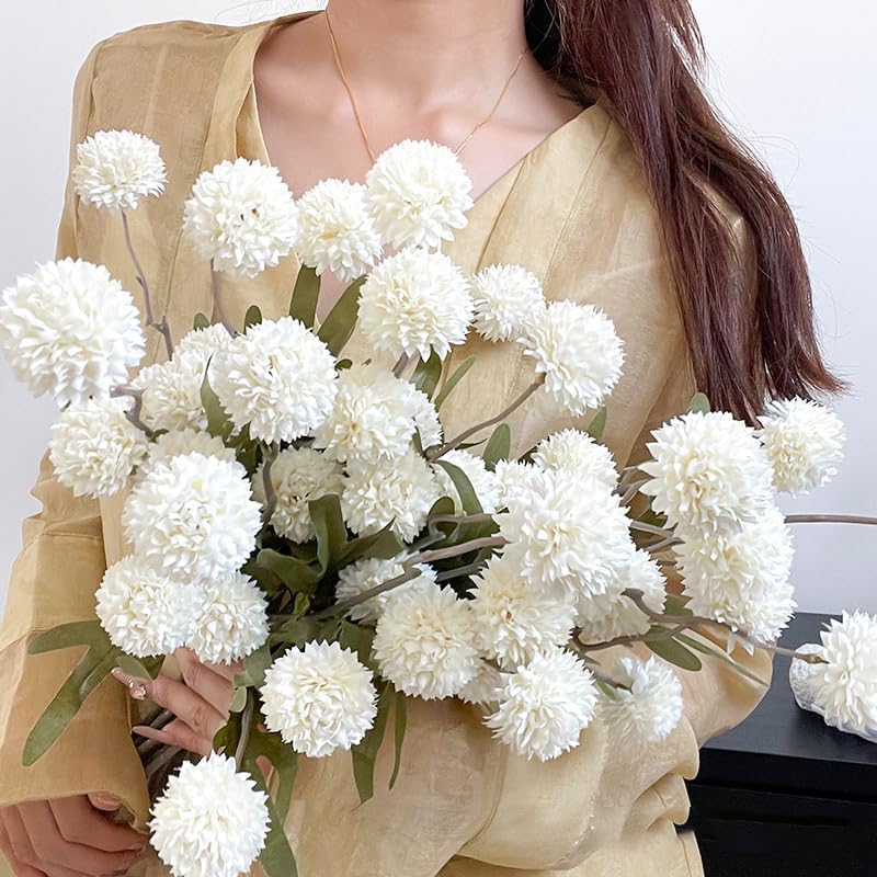 Sherika White Faux Kiku Flower,10 Stems Artificial Chrysanthemum Flowers with Eucalyptus, Fake Long Stem Mums Balls Arrangements, Dried Pompom Hydrangea for Vase, Centerpiece,Aesthetic Room Decoration - Image 8