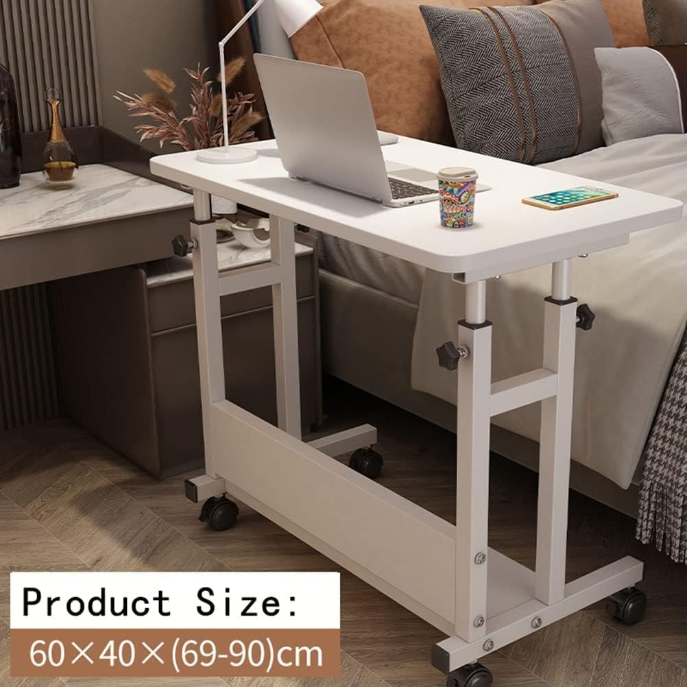 Height Adjustable Rolling Overbed Table Desk Laptop Tray with Wheels Mobile Storage Portable Standing Desk for Bed and Sofa Computer Writing Table White (60x40cm)