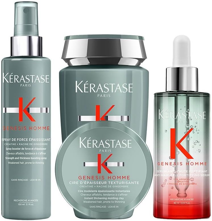 Kerastase Genesis Homme Daily Purifying Fortifying Shampoo 250ml, Daily Anti-Hair Fall Fortifying Serum 90ml, Strength & Thickness Boosting Spray 150ml & Instant Thickening Molding Clay 75ml